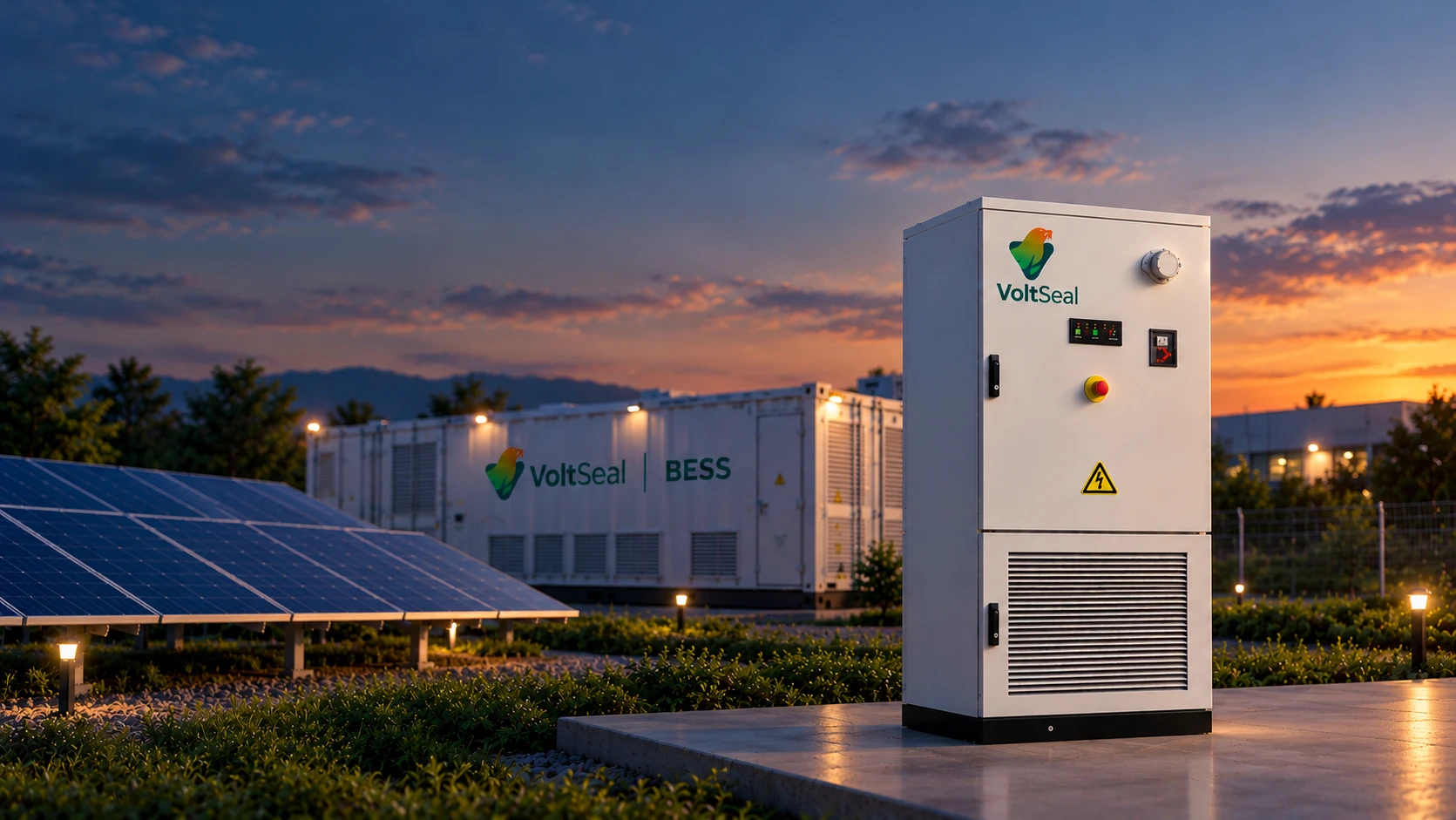 VoltSeal battery energy storage system beside solar panels at dusk